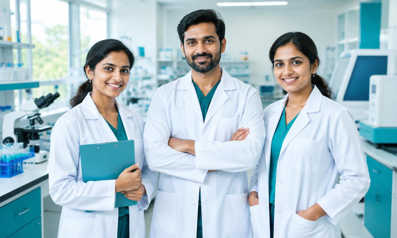 Illustrative team of laboratory professionals; not actual Medicheck staff