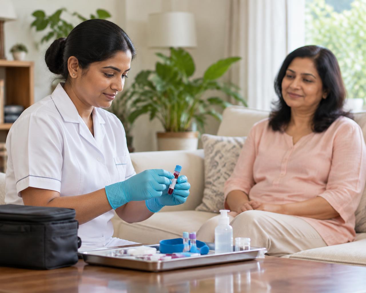 Illustration of a healthcare professional preparing a home sample collection